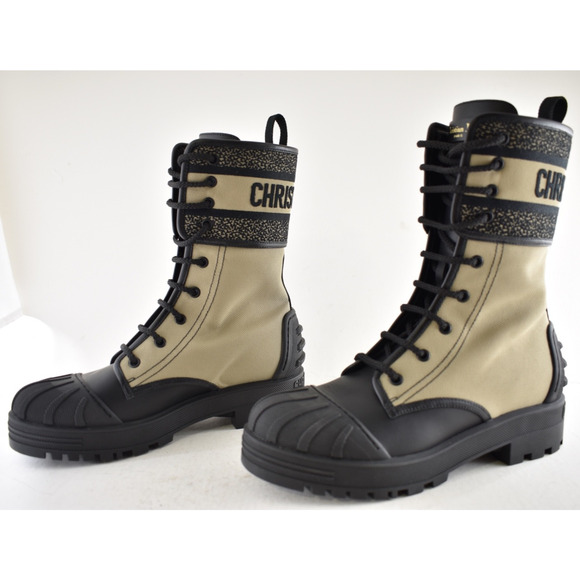 Dior D-Major Black Taupe Logo Military Combat Lace Up Tie Ankle Boots 38.5 - Picture 13 of 16